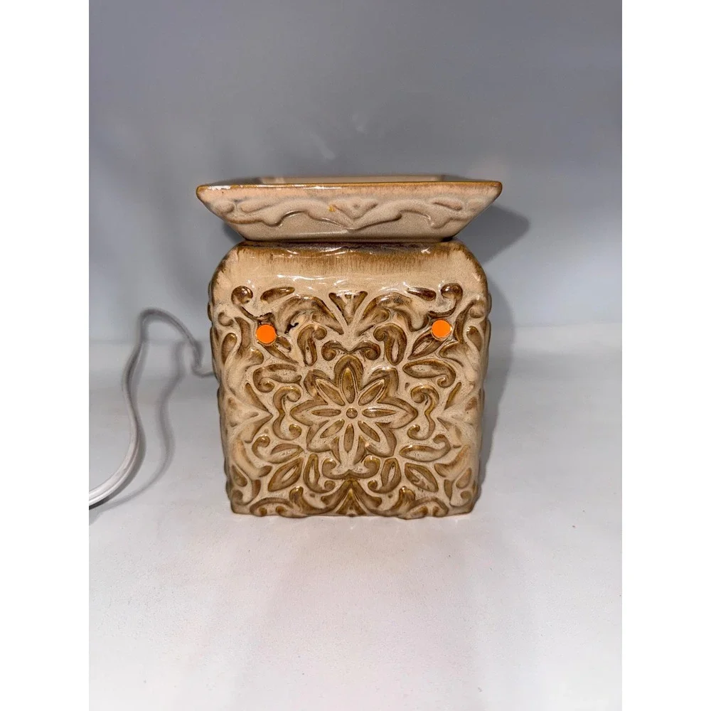 Wax Warmer Home Tan Brown Embossed Floral Ceramic Electric Tested